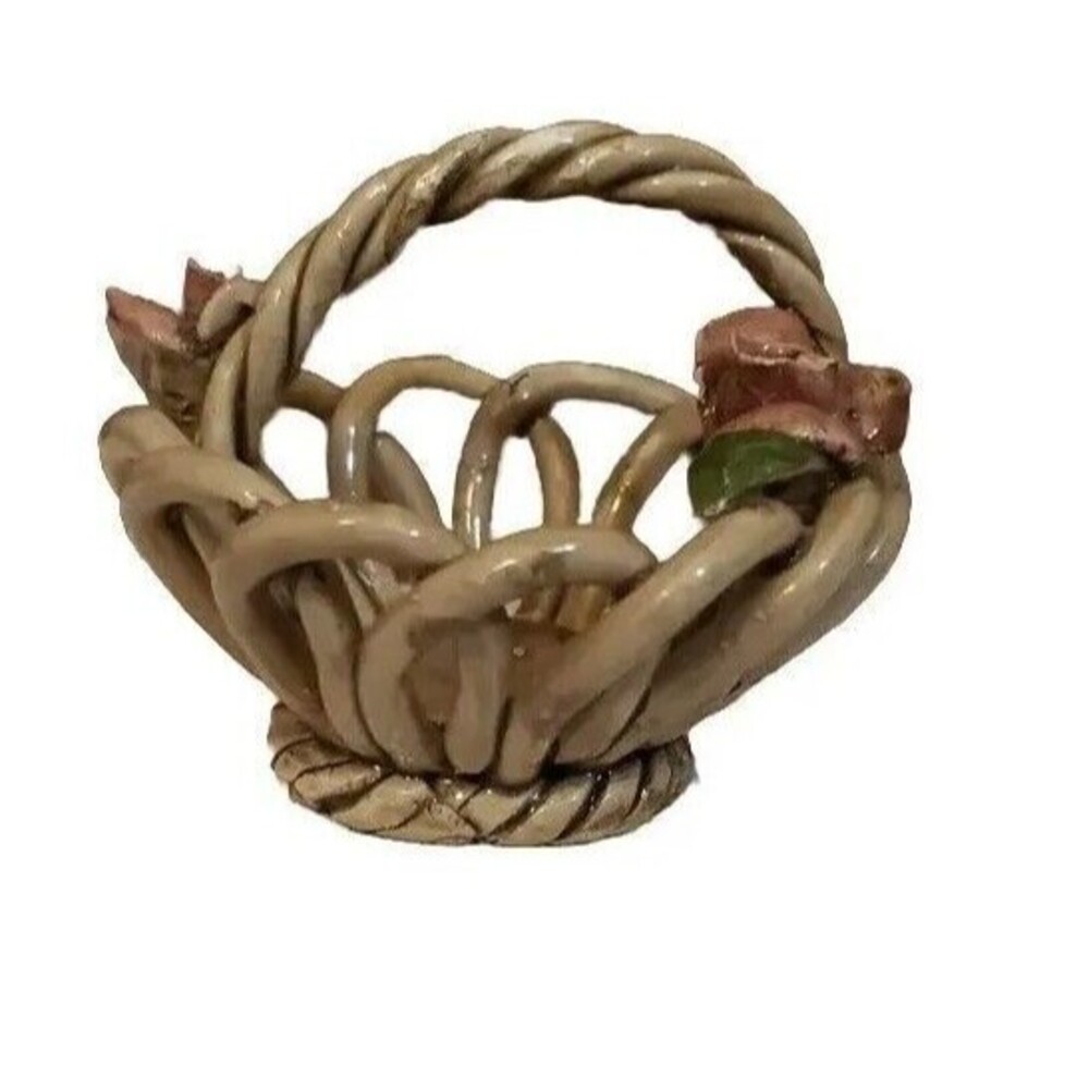 Capodimonte Vintage Trinket Dish Small Open Work Woven basket Handle Roses